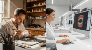 Visual comparison of traditional versus digital dental technician roles: on the left, a male artisan technician working with plaster models; on the right, a female dental technician designing prosthetics on CAD software with a screen displaying a 3D dental model. Represents the evolution of dentistry from manual to digital methods.
