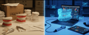 A horizontally split image comparing traditional (left) and digital (right) dental workflows. On the left, gypsum dental models, a 'FRAGILE' shipping box, stacked papers, and analog tools are shown under warm lighting. On the right, a 3D digital jaw model is displayed on a laptop with CAD design software, alongside an intraoral scanner and a tablet with data graphics, all illuminated with cool, futuristic lighting.