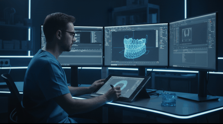 Experienced dental laboratory technician digitally designing a crown in CAD software on multiple screens, highlighting human precision and expert judgment over automation.