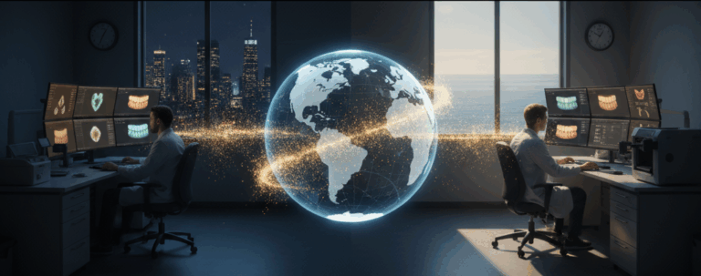 Visual representation of the 'Follow-the-Sun' model. A modern dental lab split into two halves: one at night (with a CAD designer working against a dark city skyline) and one during the day (with another designer working in natural light). A bright, digital data stream connects both sides through a central globe, symbolizing uninterrupted productivity across time zones.