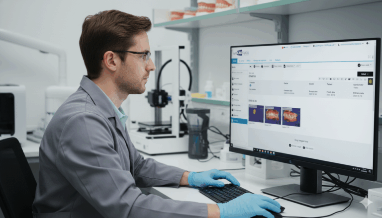 A male dental lab technician with glasses and blue gloves sits at a desk in a modern dental lab, intently looking at a computer monitor. The monitor displays the WeCAD4You Vevi Dental platform interface, showing a 'Works' section with case details, file management options, and three preview images of dental models, including a partial arch and full arches. Dental models and equipment are visible in the background on shelves.
