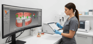 Dental lab technician (Dental CAD CAM designer) in blue gloves reviewing a digital checklist on a tablet, next to a monitor displaying a restoration design in Dental CAD CAM software. The horizontal image reflects auditing a Digital dental design service workflow