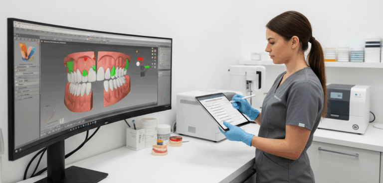 Dental lab technician (Dental CAD CAM designer) in blue gloves reviewing a digital checklist on a tablet, next to a monitor displaying a restoration design in Dental CAD CAM software. The horizontal image reflects auditing a Digital dental design service workflow