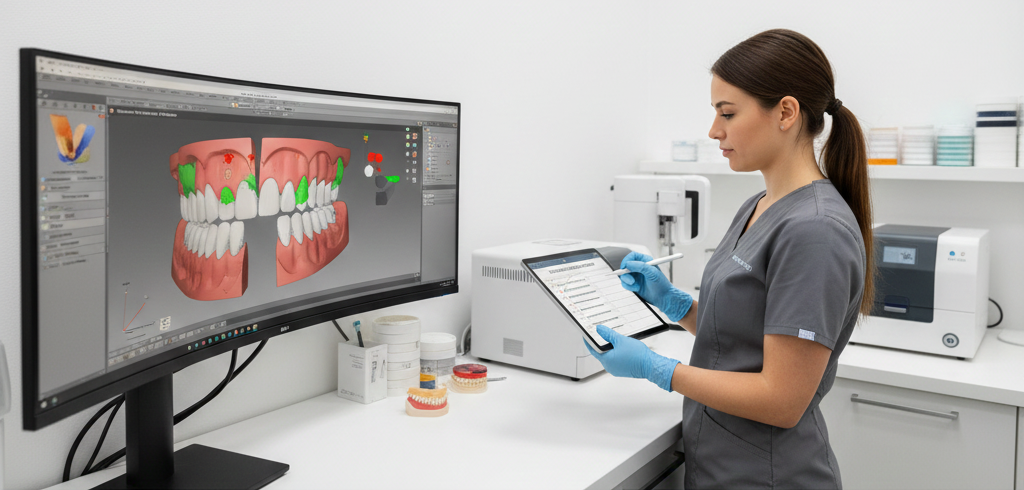 Dental lab technician (Dental CAD CAM designer) in blue gloves reviewing a digital checklist on a tablet, next to a monitor displaying a restoration design in Dental CAD CAM software. The horizontal image reflects auditing a Digital dental design service workflow