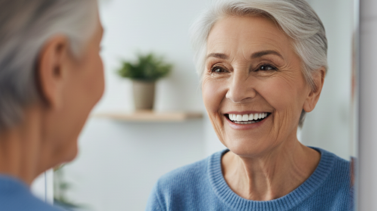 Elderly person smiling broadly while looking in a mirror, reflecting satisfaction with their new restored teeth. The image emphasizes the emotional impact and success of patient-focused CAD/CAM dental design.