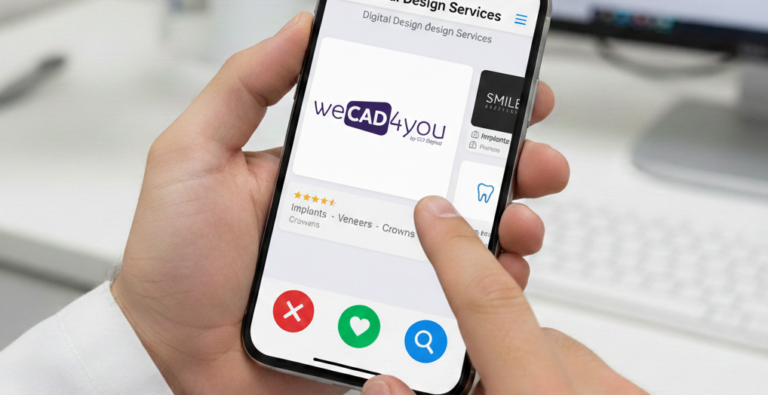 A close-up horizontal view of a dental technician in a white lab coat using a smartphone app to choose a digital dental design service. The screen displays a 'Tinder-style' interface for lab owners, featuring the WeCad4You logo as the premium choice for high-end restorative designs. In the background, a professional dental laboratory setting with a computer monitor and CAD/CAM equipment is visible, emphasizing a modern digital dentistry workflow.