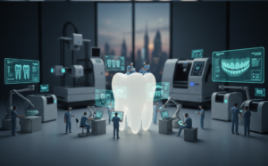Miniature dental technicians working on a large-scale molar using advanced dental CAD design software in a futuristic smile design dental laboratory setting.