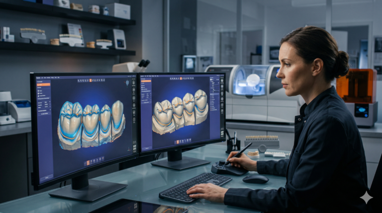 A female dental CAD CAM designer focuses on a specialized dual-monitor workstation within a modern, high-tech dental laboratory. The screens display detailed 3D dental models and anatomical meshes glowing within an open-architecture design interface. She uses a specialized stylus for precise manipulation of the dental cad cam software. The professional environment includes advanced lab equipment like a 5-axis milling machine and 3D printers blurred in the background, all captured under sophisticated ambient lighting.