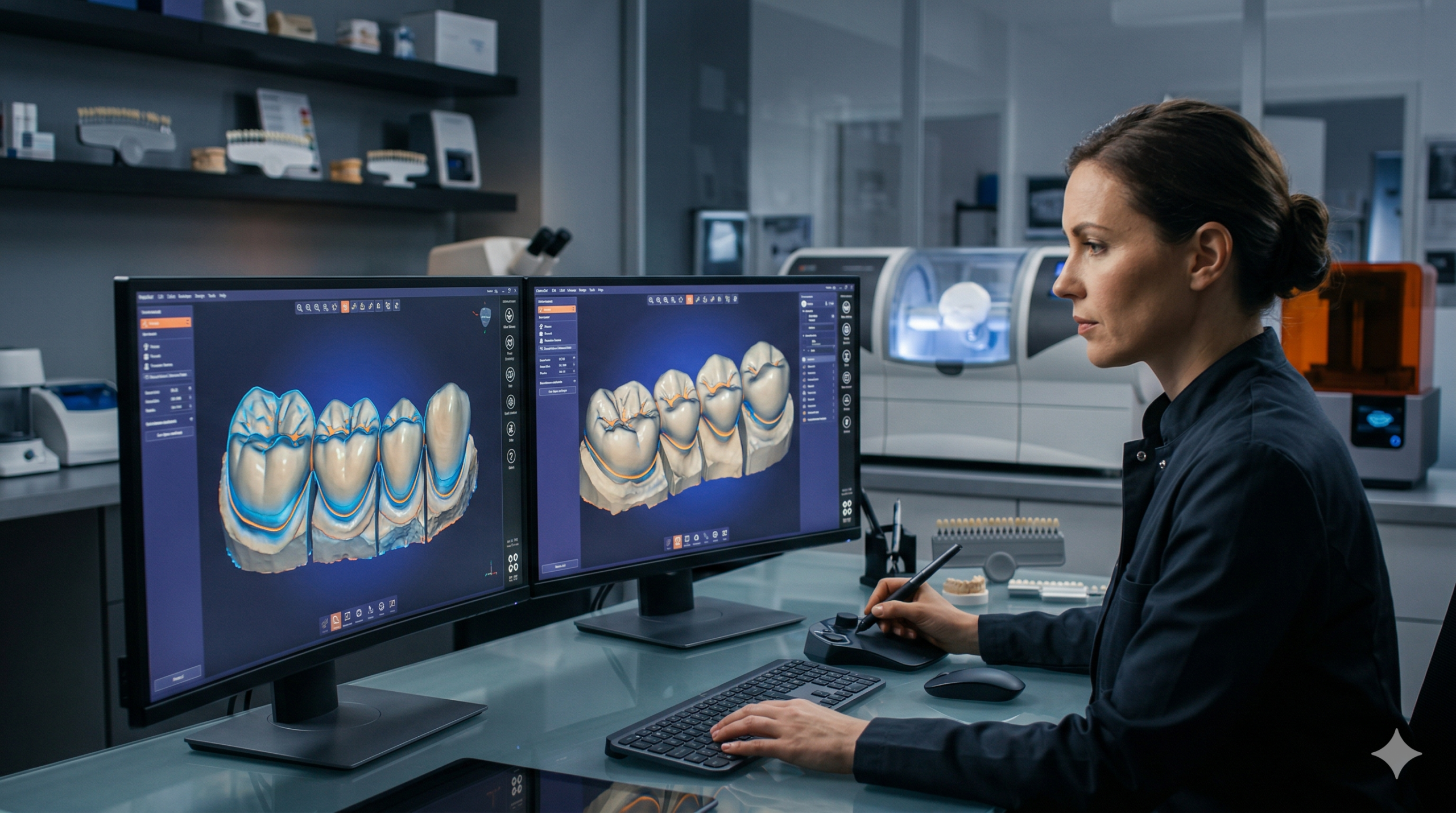 A female dental CAD CAM designer focuses on a specialized dual-monitor workstation within a modern, high-tech dental laboratory. The screens display detailed 3D dental models and anatomical meshes glowing within an open-architecture design interface. She uses a specialized stylus for precise manipulation of the dental cad cam software. The professional environment includes advanced lab equipment like a 5-axis milling machine and 3D printers blurred in the background, all captured under sophisticated ambient lighting.