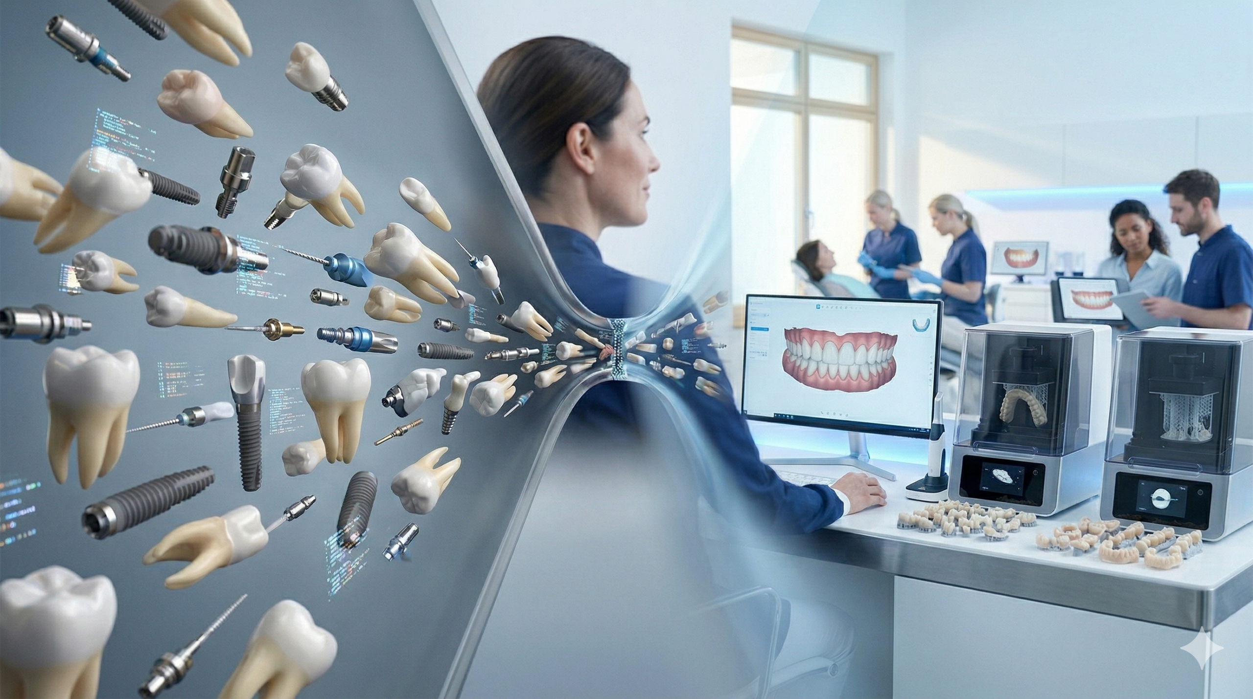 A conceptual split-view visualization illustrating a digital dental workflow bottleneck. On the left, a cramped and congested funnel filled with disorganized dental models and implants represents operational strain. To the right, after passing through the central bottleneck, the view opens into a spacious, high-tech digital dental design studio where specialists work at multiple CAD stations with 3D smile visualizations and 3D printers running simultaneously, symbolizing the efficiency and scalability of an external design service.