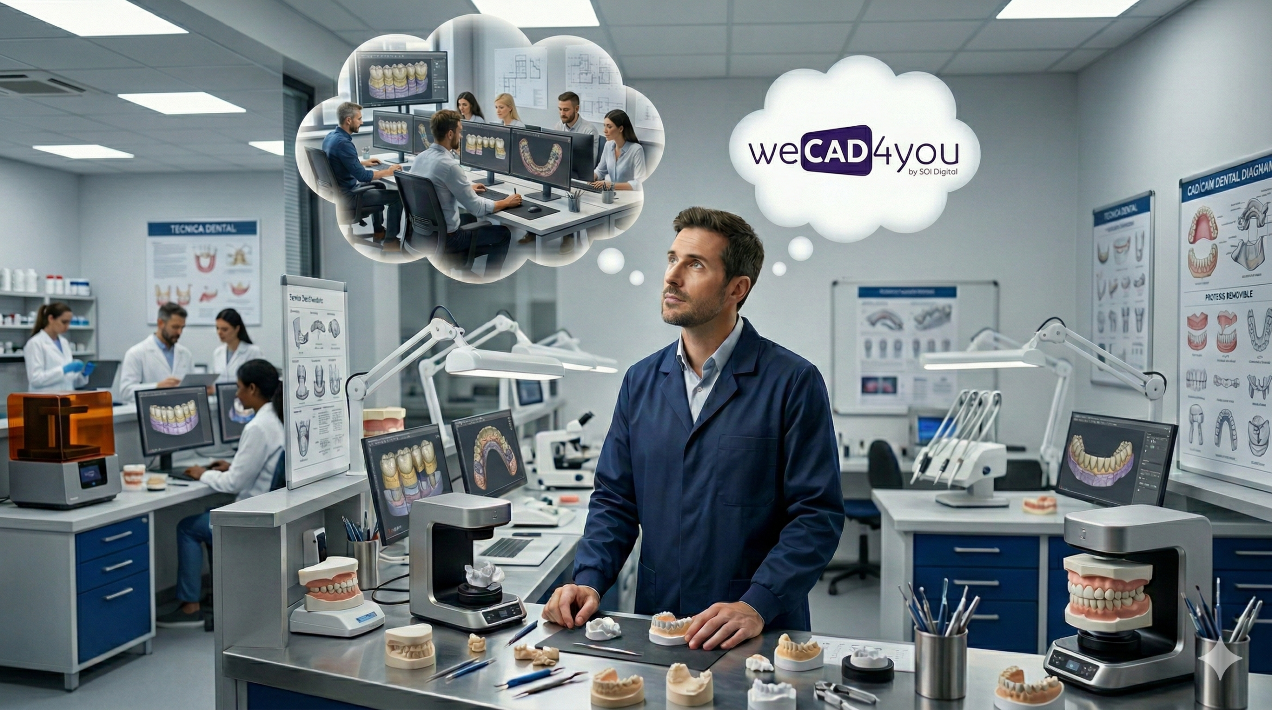 A professional dental technician in a modern laboratory, thoughtfully looking up at two thought bubbles. One bubble shows a team of CAD designers working on computers displaying intricate dental design smile projects, and the other bubble contains the WeCAD4You logo. The scene is filled with specialized dental equipment, 3D scanners, and teeth models in a clean, clinical workspace.