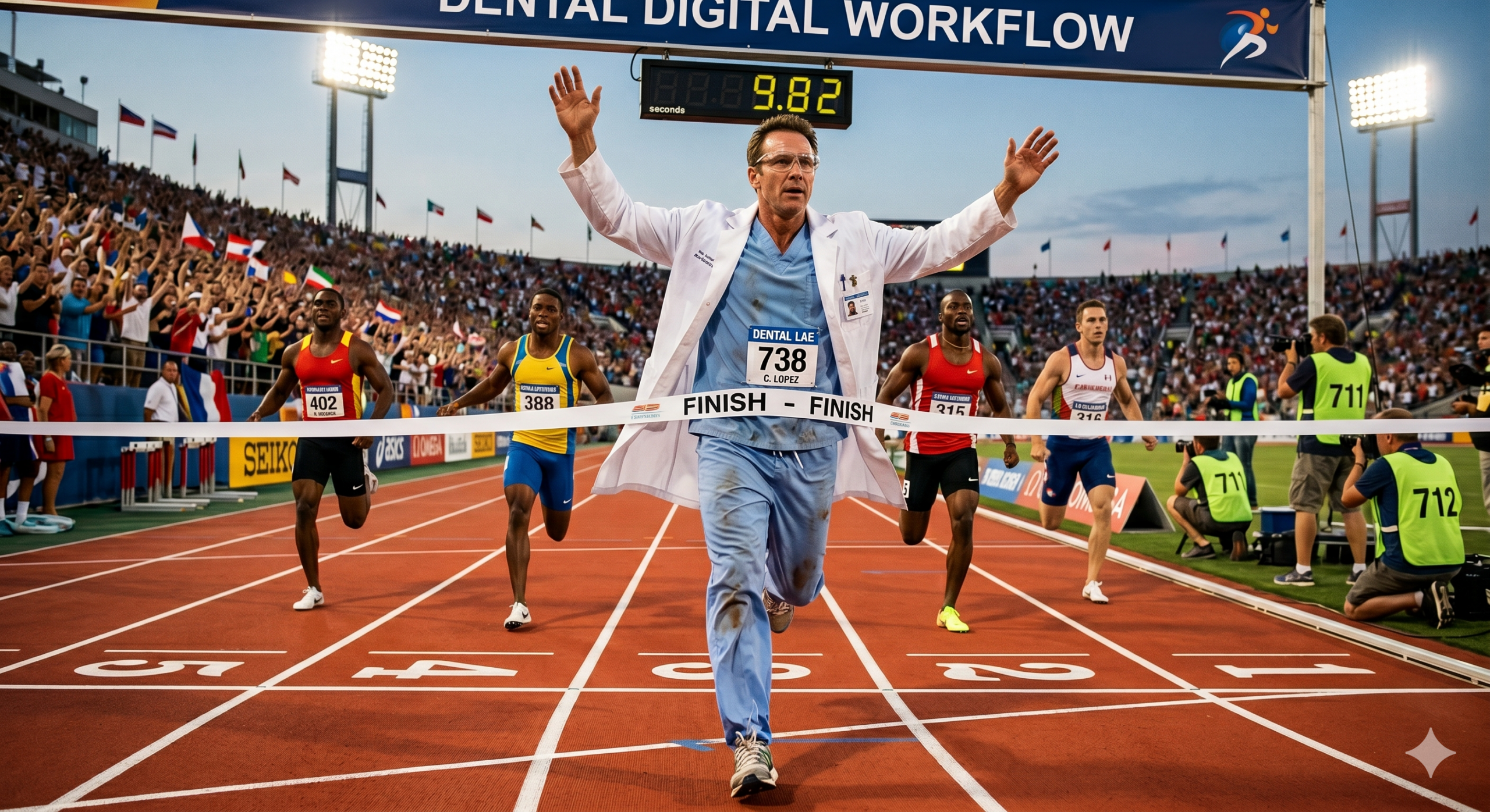 Conceptual photograph of an athletic race where a dental laboratory technician in a lab coat and scrubs crosses the finish line first, breaking the 'FINISH' tape. Above the track, a large overhead sign reads 'DENTAL DIGITAL WORKFLOW', symbolizing the speed and efficiency of the digital dental workflow compared to traditional competitors.