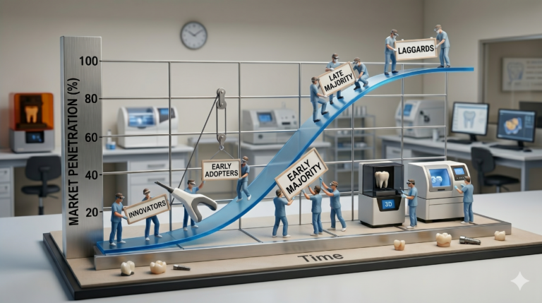A 3D conceptual diorama of a technology adoption S-curve set in a digital dental laboratory. Miniature dental technicians are seen interacting with the blue curve: some are lifting signs labeled 'Innovators', 'Early Adopters', 'Early Majority', 'Late Majority', and 'Laggards', while others operate 3D dental printers. The vertical axis is labeled 'Market Penetration (%)' and the horizontal axis is simply labeled 'Time'. The background shows a modern dental clinic setting, illustrating the gap between high-end dental technology and market adoption.