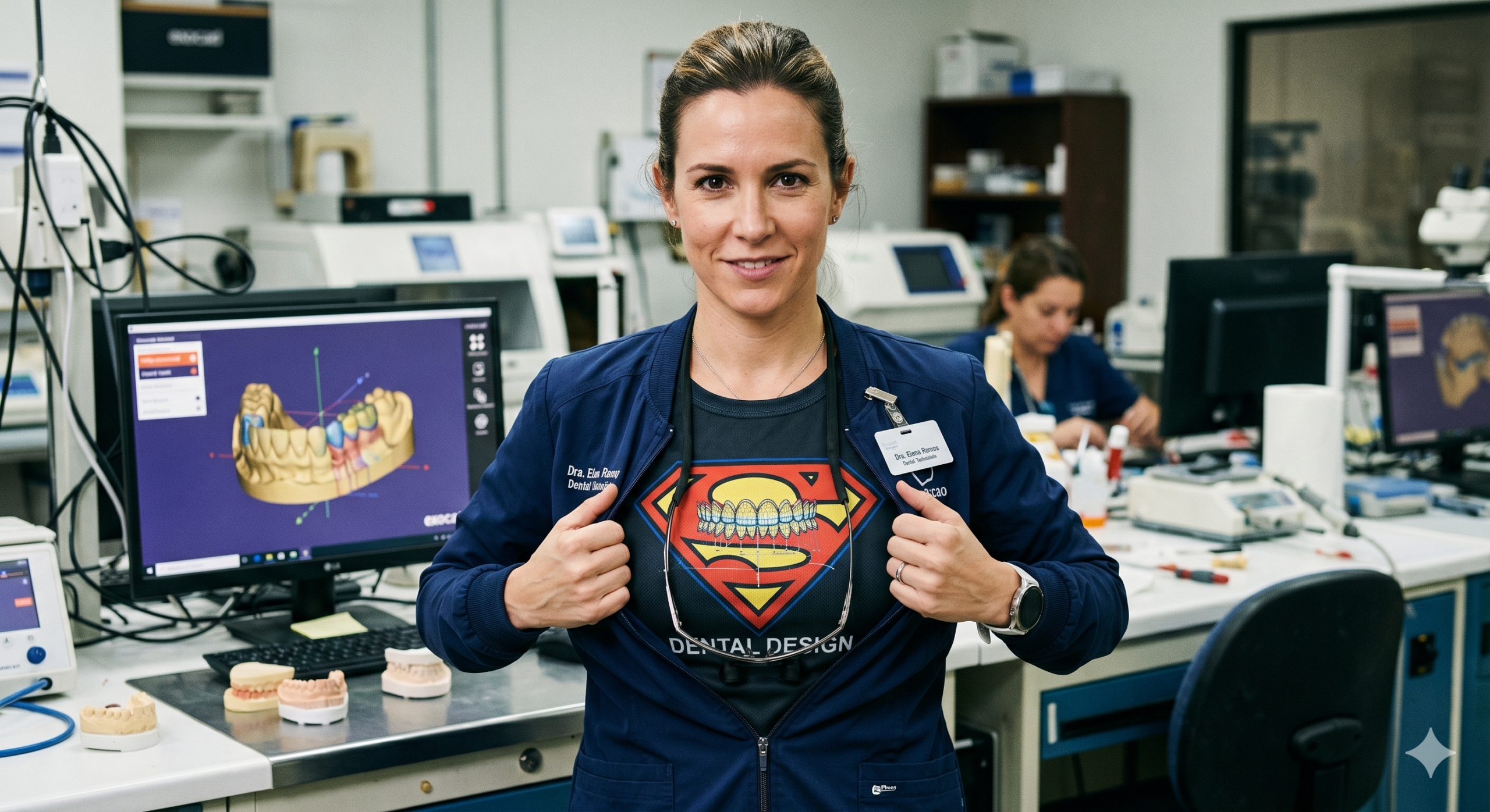 A female dental design specialist in a professional lab proudly reveals a custom Superman-inspired 'D&D' shield logo on her t-shirt. She is opening her blue lab coat. The background features a high-tech dental laboratory with multiple computer workstations, including one prominently displaying advanced exocad dental CAD/CAM software with AI integration, and various 3D-printed dental models and equipment on the desk.