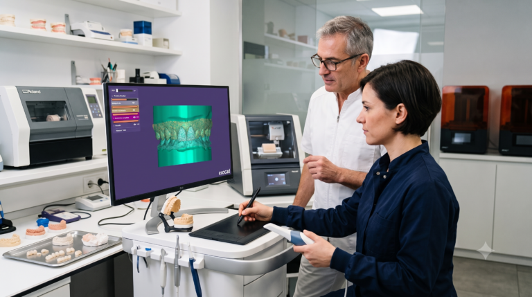 A female dental technician using a digital tablet to edit a dental design smile protocol on a screen running Exocad CAD software, while a senior clinician supervises in a modern dental laboratory equipped with 3D printers and milling machines