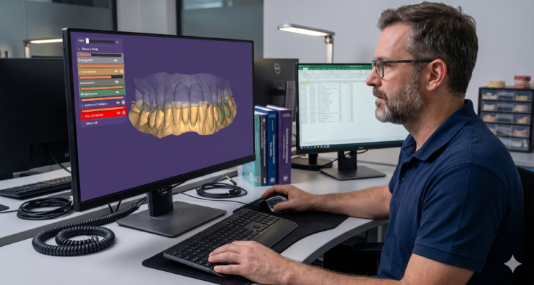 A dental lab technician using exocad software for a digital dental design service at a modern workspace. The computer monitor shows a 3D digital model of a dental arch with a multi-layered crown restoration interface. The designer is using a mouse and keyboard to optimize laboratory workflow capacity for the upcoming second semester.
