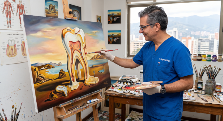 Surrealist Dali-style illustration of a dentist painting a tooth, symbolizing artistic interpretation and aesthetic vision in digital dental design.