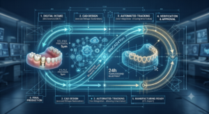 Conceptual blueprint vector diagram of an optimized digital dental lab workflow, featuring intraoral scan intake, exocad CAD design, Vevi management tracking, and 24h STL file delivery by WeCAD4You