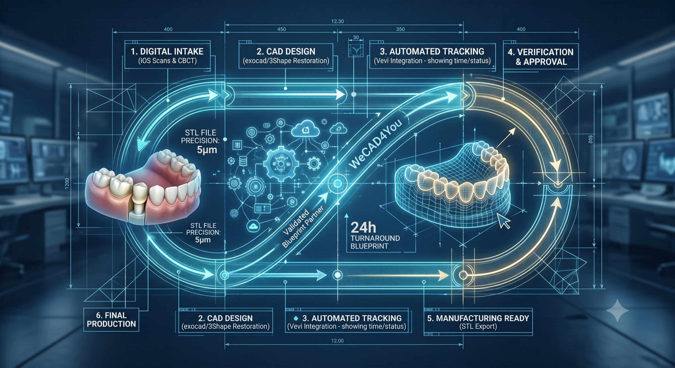 Conceptual blueprint vector diagram of an optimized digital dental lab workflow, featuring intraoral scan intake, exocad CAD design, Vevi management tracking, and 24h STL file delivery by WeCAD4You