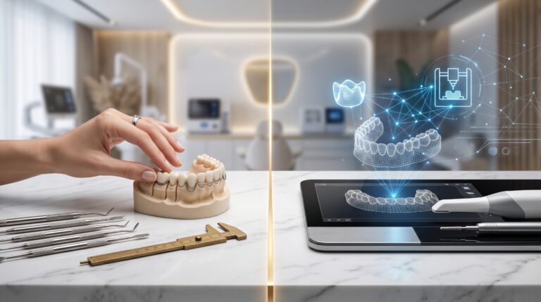 A high-end conceptual photograph contrasting traditional dental analog artisanry on the left with a sophisticated virtual 3D crown design interface on the right, illustrating the choice between chairside work and digital outsourcing.