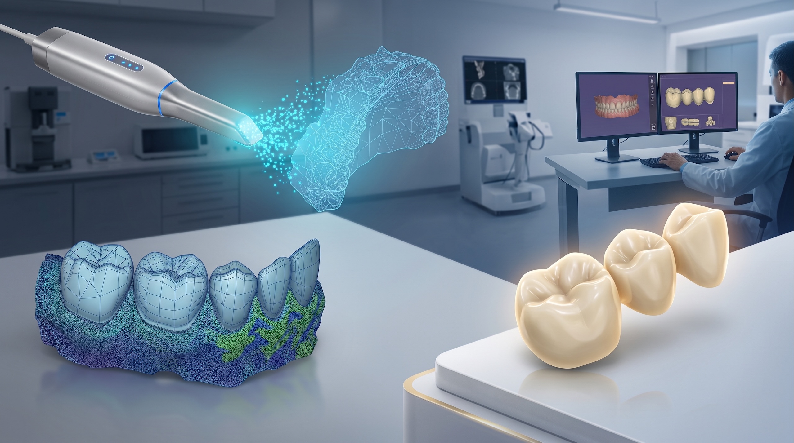 Conceptual diagram of an intraoral scanner capturing a 3D mesh dental arch, showing the digital data stream converting raw scan data into a milling-ready STL crown design.