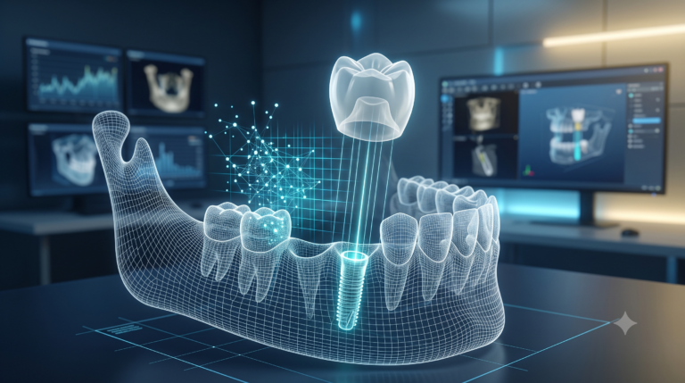 Conceptual wireframe diagram of prosthetically driven implant placement planning, showing a virtual crown guiding the optimal surgical position of a dental implant inside a 3D bone model.